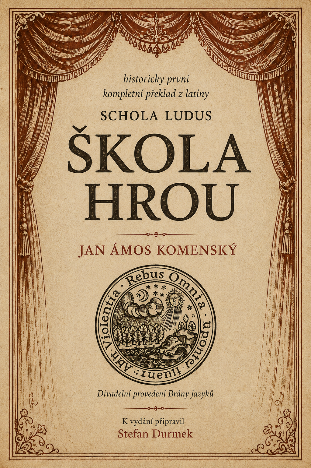 Přední deska knihy Schola Ludus od Jana Amose Komenského
